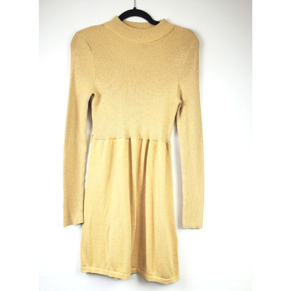 Free People Womens Medium Sweater Dress FRENCH GIRL MINI Gold Shimmer *no Belt - Picture 2 of 13